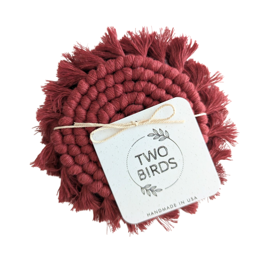 Macrame Set of 2 Coasters - Cranberry