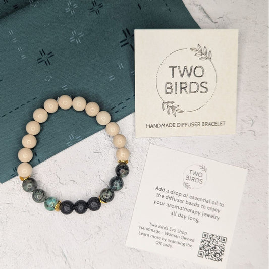 Gemstone Diffuser Bracelet - Riverstone + African Turquoise + Lava Rock